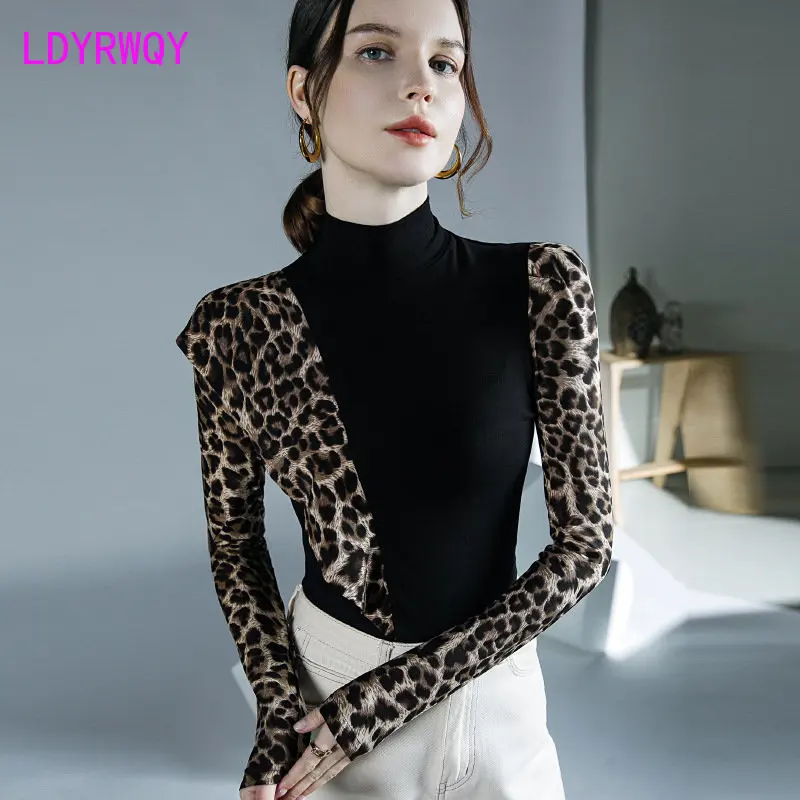 

Design Feel Ruffle Top Autumn/Winter New Underlay Shirt Leopard Pattern Panel Long Sleeve T-Shirt