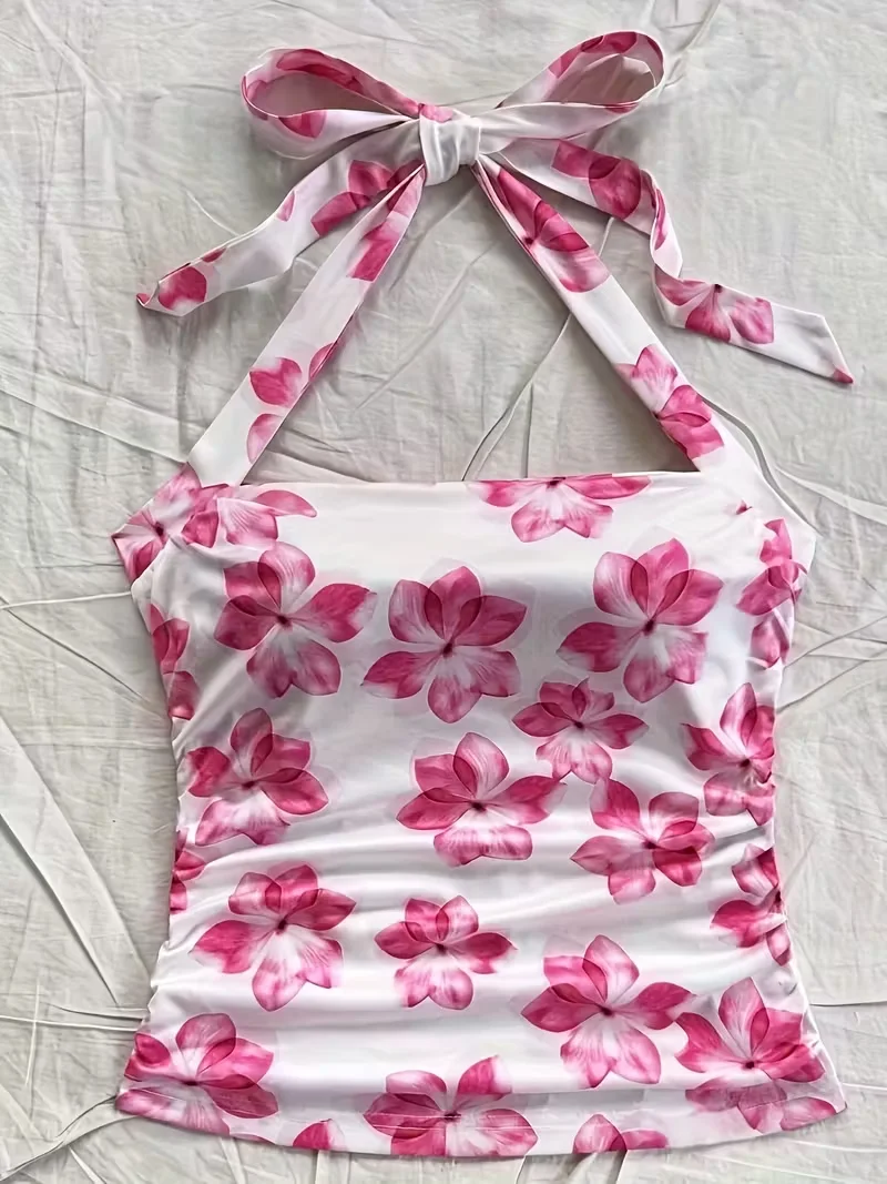 Women's summer short top, pink floral camisole vest, suitable for vacation style girls Sf2186e9f3884481493325ce7febb080b5