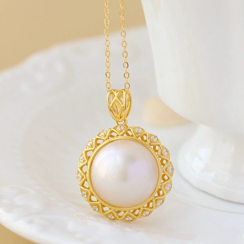 

Authentic 925 Sterling Silver Pendant Inlaid Natural Mabe Pearl 18K Gold Plated Fashion Tide Flow High Quality Jewelry Gift