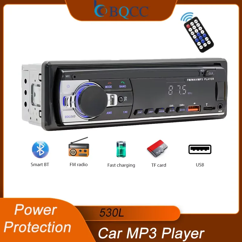 530L 1 Din FM Car Radio BT TF AUX USB Fast Charging Time Display Car Stereo LED Remote Control MP3 Player