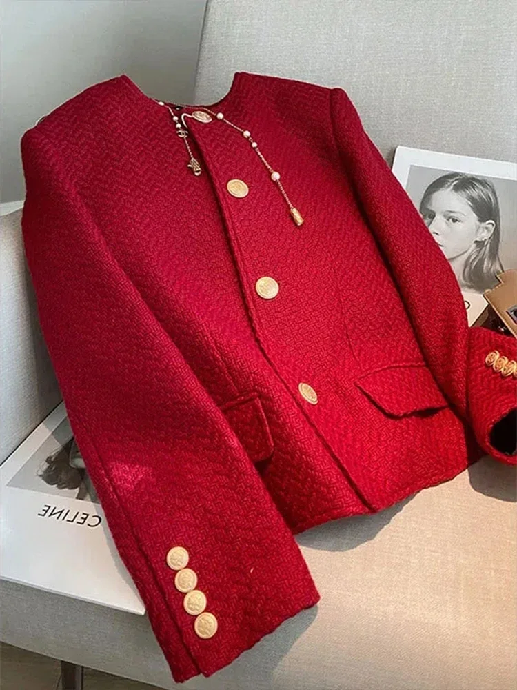 

Elegant Vintage Korean High Quality Red Coats Winter Fashion Women's Long Sleeve Suit Jackets with Unique Buttons Female Blazers