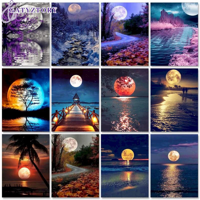 

GATYZTORY Interior Painting by numbers Handpainted Picture Drawing Moon Scenery DIY Coloring by numbers Art supplies Home decor