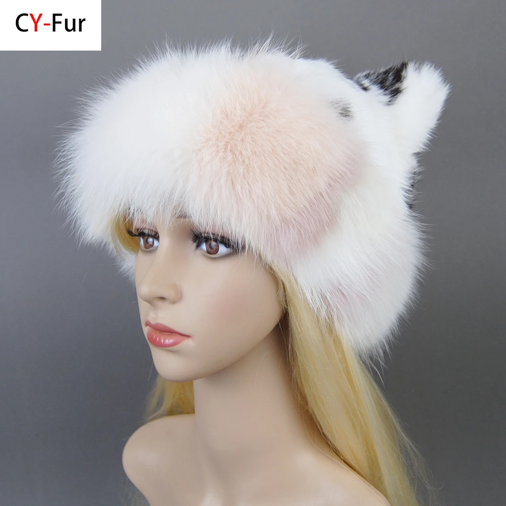 

New Winter Lady Party Fashion Fur Hat Skullies Luxury Knitted Real Genuine Fox Fur Hats Women Beanies Solid Rex Rabbit Fur Caps