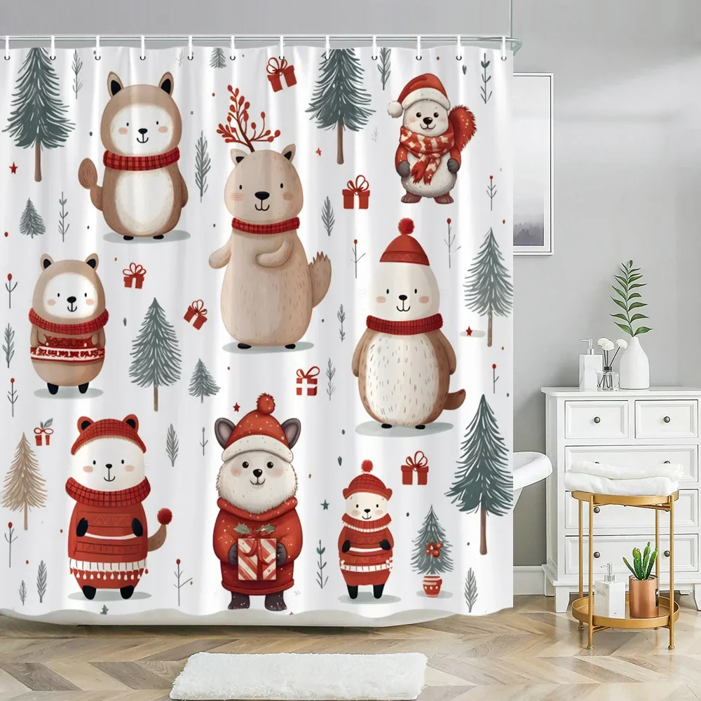 Winter Flamingo Christmas Shower Curtain Set - Waterproof, 70x70 Inch, With Santa Hat Pine Tree Design