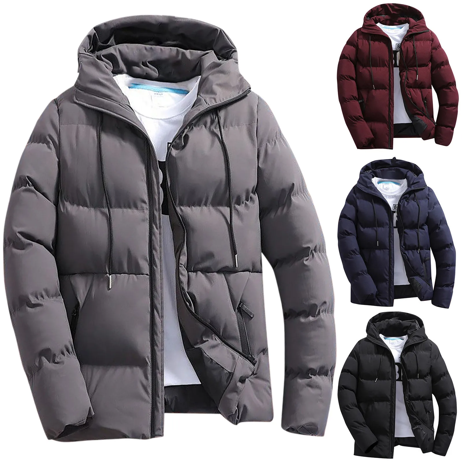 Mens Parka Cotton Padded Coat Winter Thermal Windproof Solid Fashion Hooded Jackets Motorcycles Warm Loose Overcoat Man Clothing