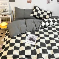 Parure de lit à carreaux noir et blanc, ensemble complet de literie à grille géométrique, housse de couette à carreaux en treillis doux avec 2 taies d'oreiller 4