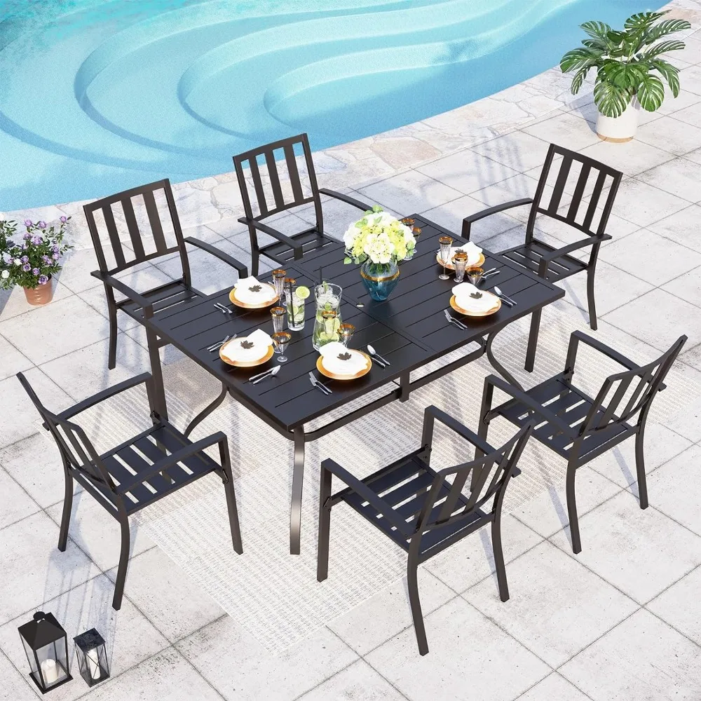 

Outdoor Table with Rectangular, Mbrella Hole - 60" X 37.8" Rectangle Patio Table and 6 Backyard Garden Chairs, Outdoor Tables
