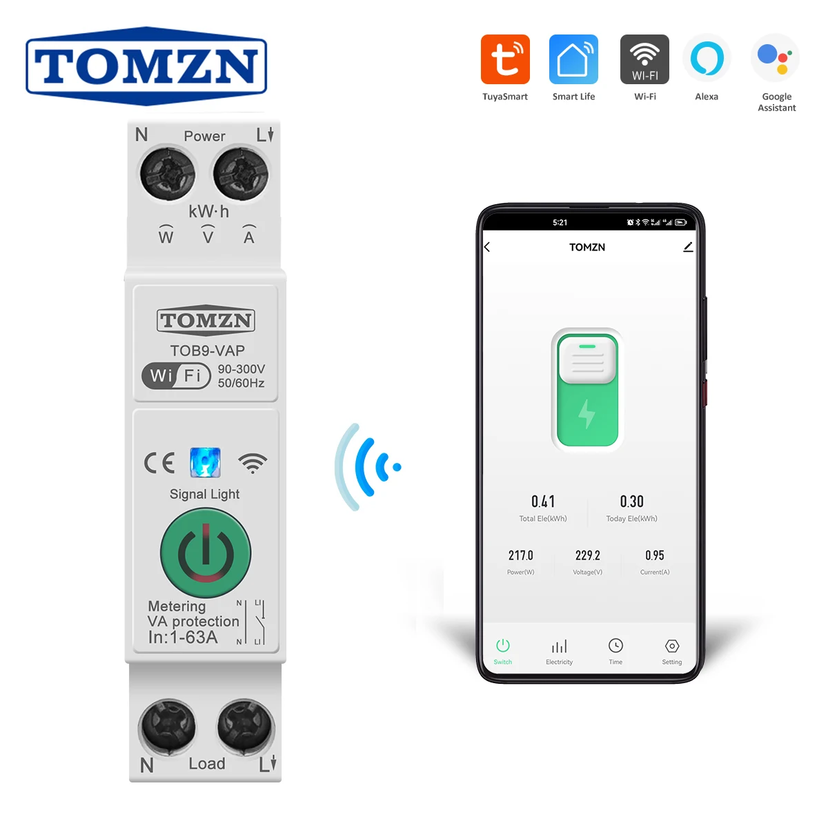 Disjoncteur intelligent WiFi TOMZN 63A TUYA avec protection contre les surintensités et les sous-tensions, mesure de la puissance, commande à distance sans fil