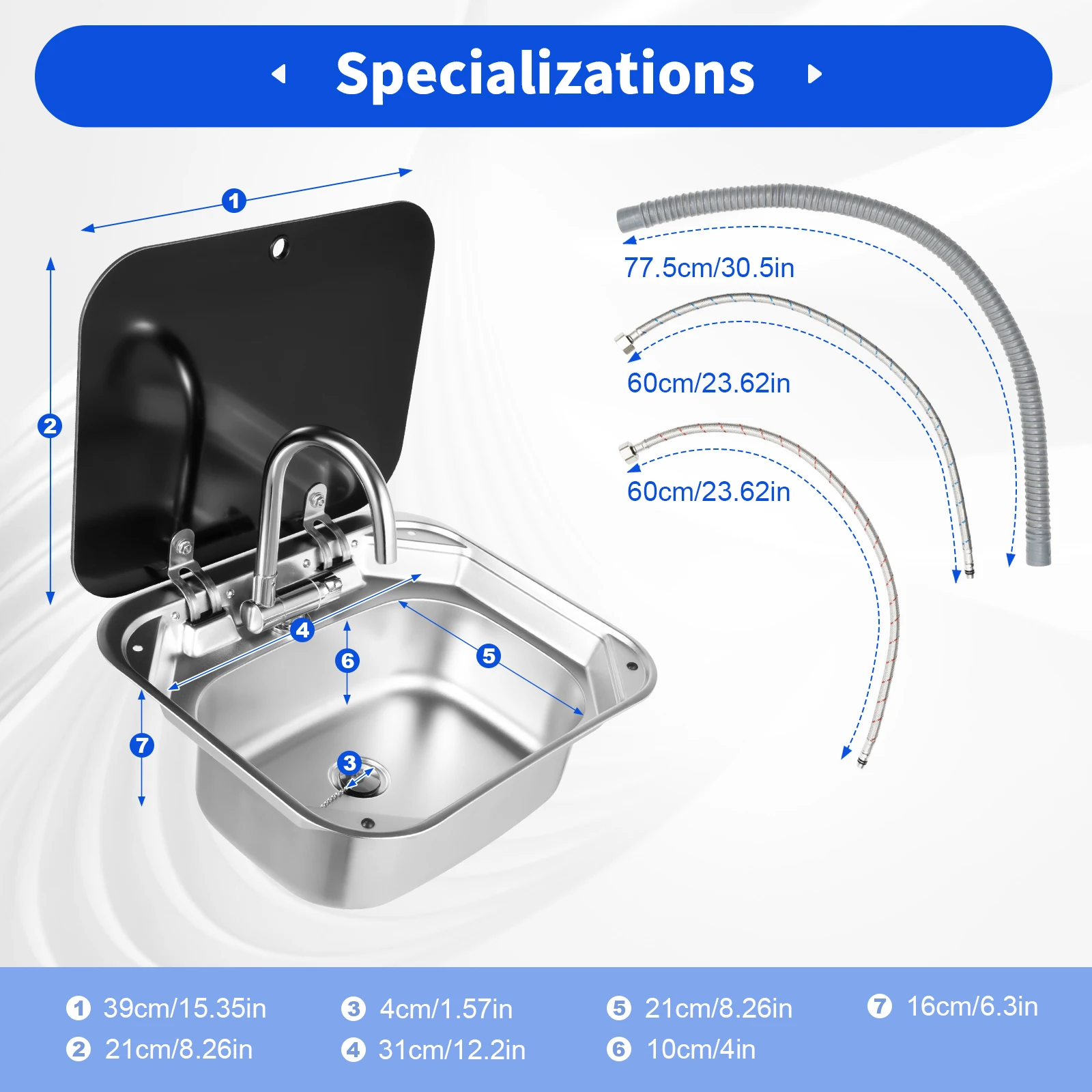 RV Sink Kit Single Bowl Stainless Steel Kitchen Hand Wash Basin w/Folded Faucet for Caravan Camper Boat
