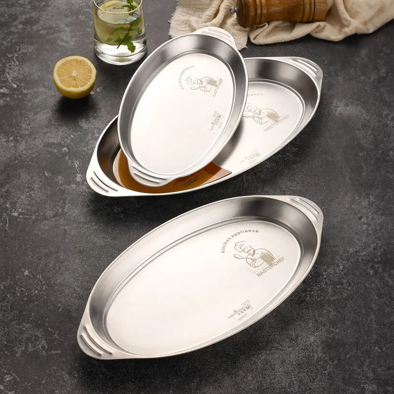 304 Stainless Steel Fish Plate Grilled Fish Plate Creative Barbecue Snack Type Dish Oval Steamed