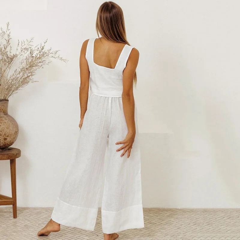 Cotton Linen Two Piece Top Pant Sets Causal Women's Soild Sleeveless Tops Linen Suit With Pockets Summer Hoilday Festival Outfit
