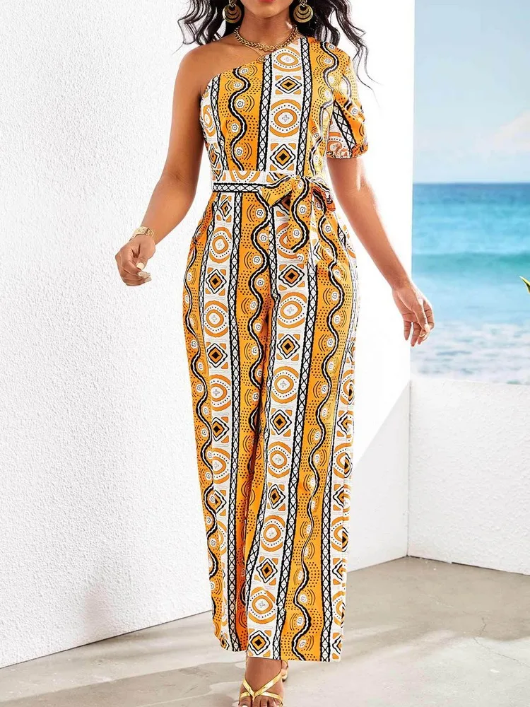 

Folk Style Women's Geometric Pattern Wide Leg Jumpsuits Vintage One Shoulder Collar High Waist Single Short Sleeve Beach Rompers