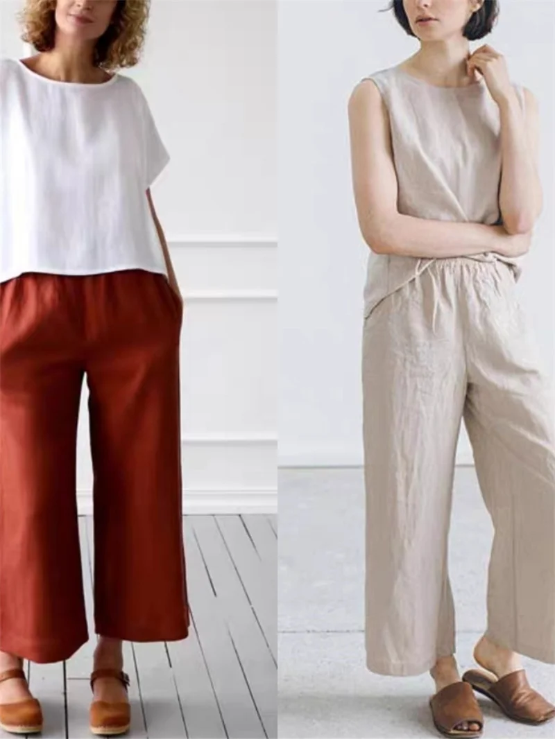 

Женские свободные прямые широкие брюки 2 цветов, женские повседневные льняные брюки до щиколотки с эластичным поясом, французские ленивые