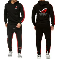 Men ROG Republic Of Gamers Tracksuit Hoodies Solid Color Thick Pullover Long Pant 2-piece Set Autumn Fleece Jogger Sports Suit 1