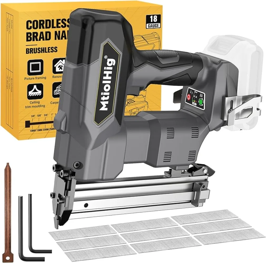 

Cordless 18GA Brad Nailer 18 Gauge Nail Gun with 1000 Nials for Wood Carpentry Brushless 2 Mode (Tool Only)