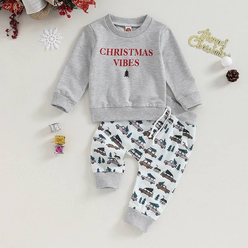 

2023-08-07 Lioraitiin 0-3Y Kid Baby Boy Outfits Christmas Print Long Sleeve Sweatshirt and Elastic Pants Toddler Fall Clothes