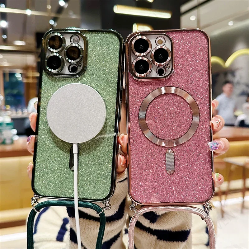 Sparkling Crossbody Lanyard Magnetic Phone Case with Electroplated Soft TPU Back Cover