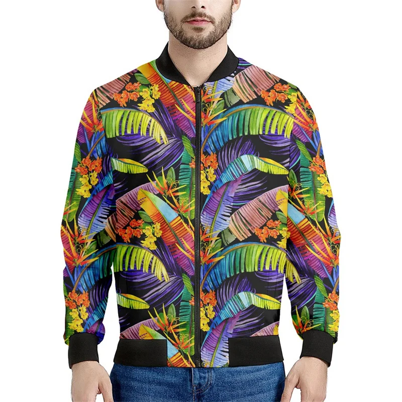 thumbnail image 1 of Chaqueta bomber con estampado de hojas tropicales en flor para hombre, sudadera de manga larga en 3D, chaqueta bomber de calle de gran tamaño con cremallera, 1 of 4