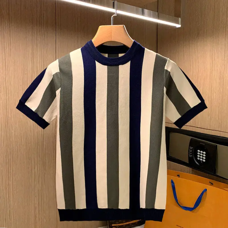 Summer Men Sweater Ice Silk Han Edition Cultivate One'S Morality Short Sleeve T-Shirt Top Stripe Round Collar Half Sleeve Shirt