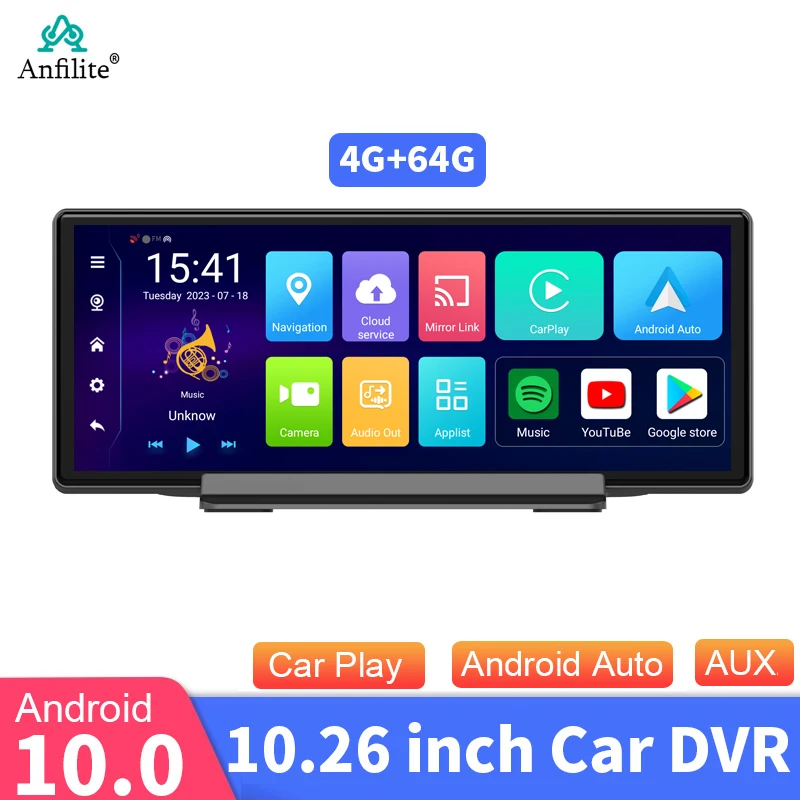 10.26 "Dash Cam Telecamera Per La Retromarcia Wireless Android Auto Carplay Dvr Android 10 Navigazione Gps Videoregistratore Cruscotto Dual Lens