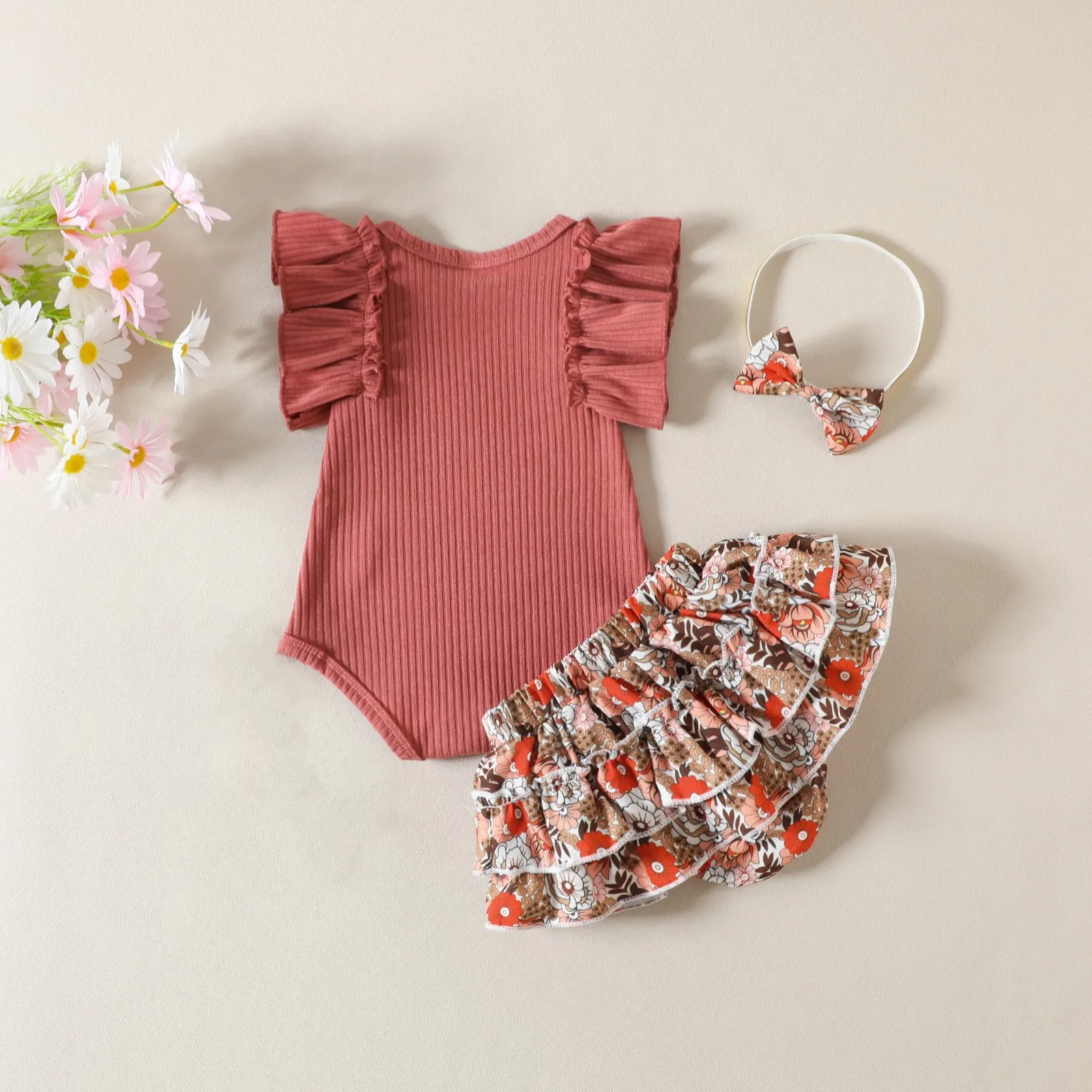 New Fashion Baby Girls Summer Outfit Sets Ruffle Sleeve Ribbed Romper + Floral Culottes + Headband 0-24 Months Hot Sale