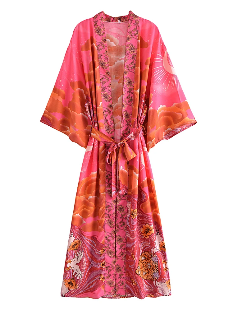 Women Star and Moon Floral Print Bat Sleeve Beach Bohemian Kimono Dress Robe Ladies Summer Boho Bikini Cover-ups