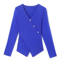 New 2024 Autumn Winter Long Sleeved V-Neck Women Mesh Tops Elegant Slim Cross Solid Color T-Shirt 5