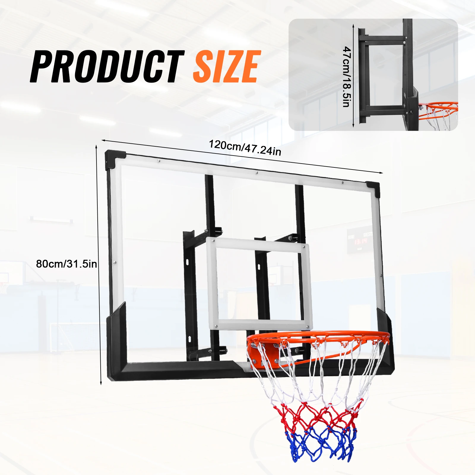 Wall Mounted Backboard & Rim 47-Inch Large Indoor Basketball Hoop Set for Garage Fitness Center Barn School Gym Driveway