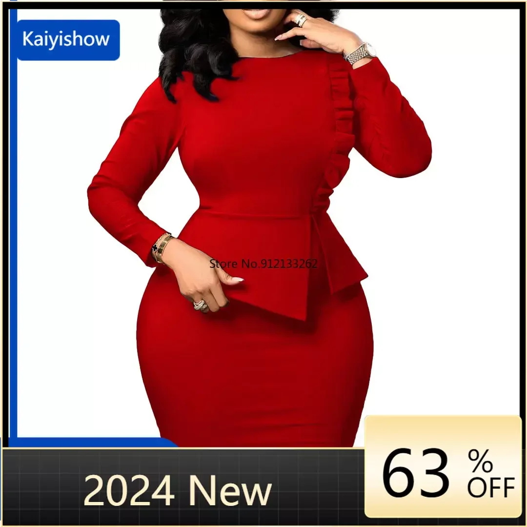 Women Elegant Dress Bodycon Long Sleeves Peplum Ruffles Spring Package HIp Classy Office Ladies African Summer Gowns Female Robe ruffles kimono women dress blue robe for photoshoot extra puffy sleeve prom gowns african cape cloak maternity dress photography