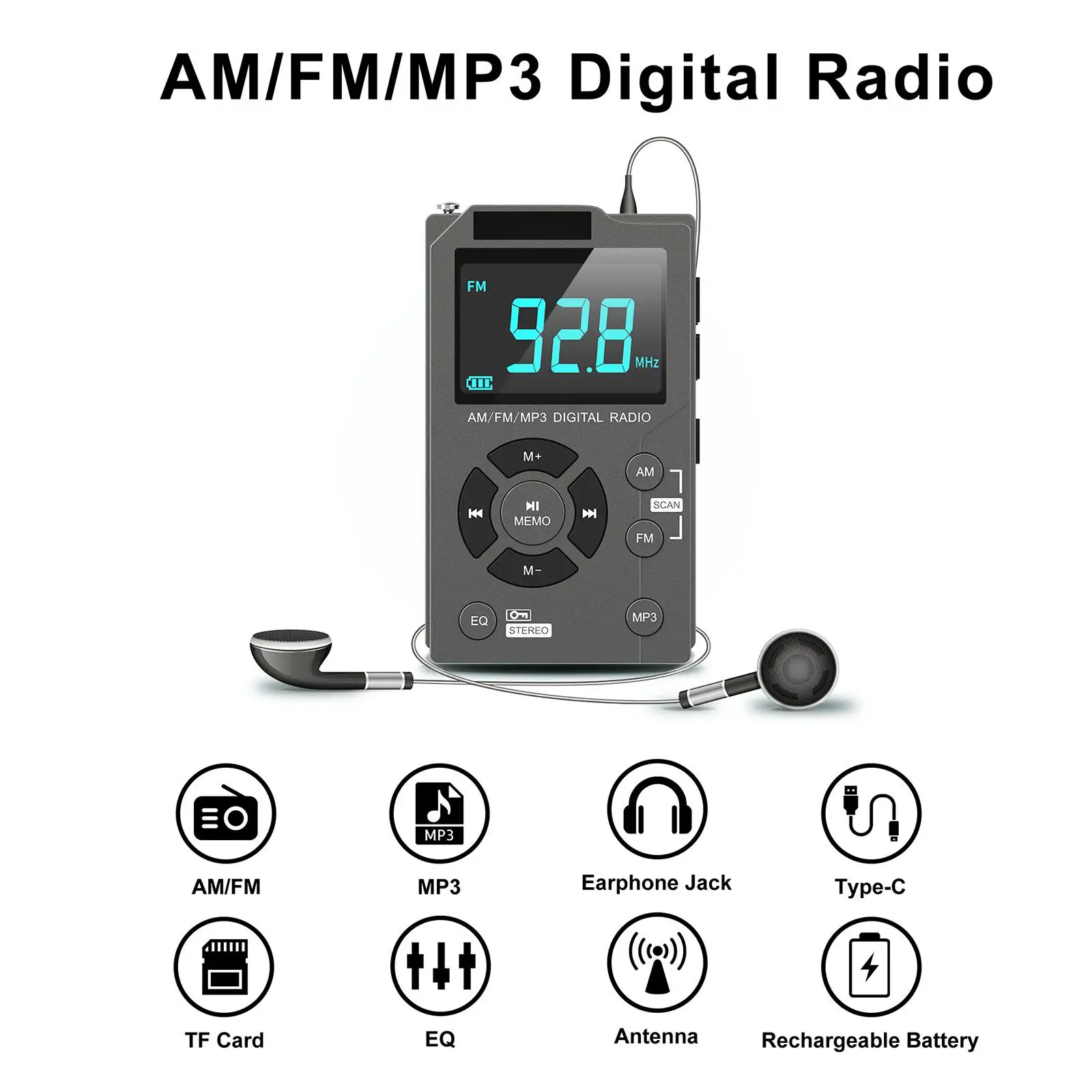 AM FM Radio 600mAh Rechargeable High Performance Premium Durable Portable Radio AM/FM/MP3 Digital Radio for Office Travel Senior