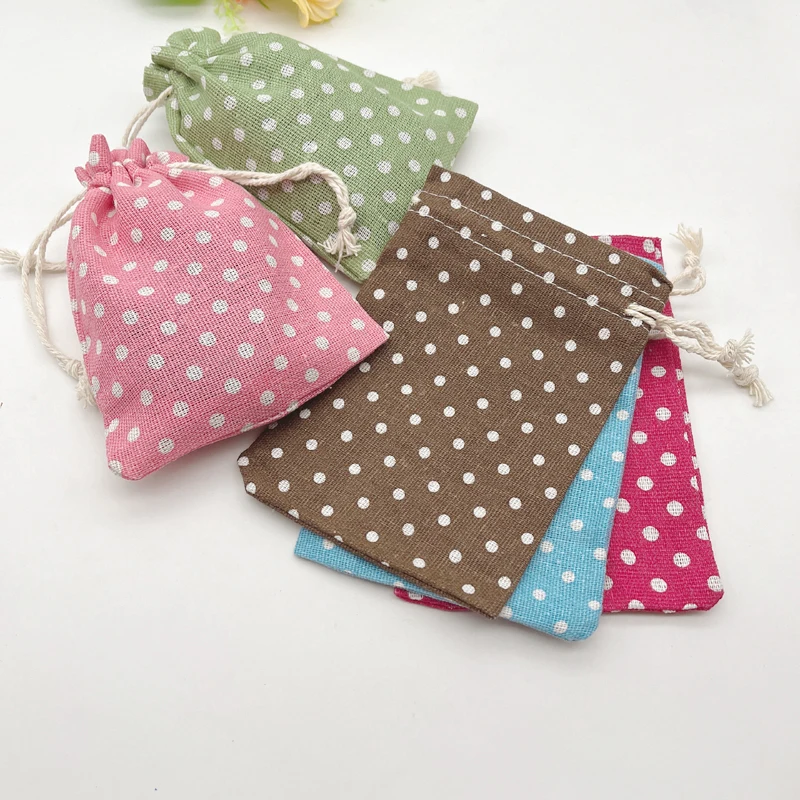 50pcs Round Point Polka Dots Cotton Storage Bag Drawstring Cloth Gift