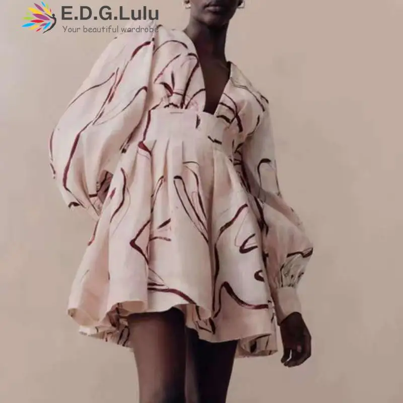 

EDGLuLu Vestidos De Mujer Casual Baratos V-Neck Puff Sleeve Loose Mini Dresses For Womens 2023 Fashion Ladies Print Dress 0430