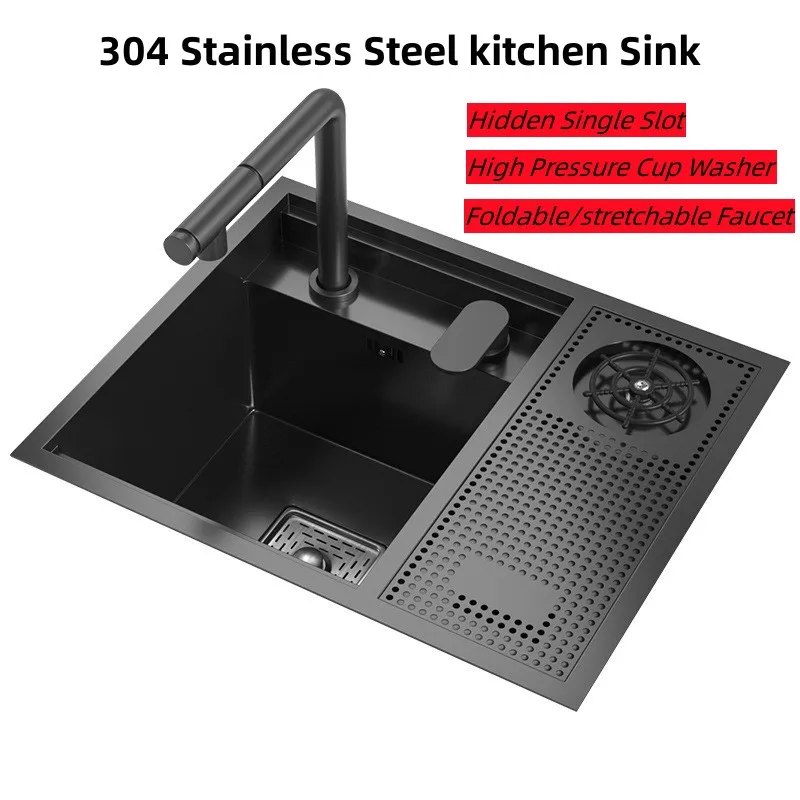 Kitchen Accessories Kitchen Sink 55CMX45CM Kitchen Sink Nano 304 Stainless Steel Vegetable Wash Basin Single Sink Wash Basin Adjustable Folding Faucet
