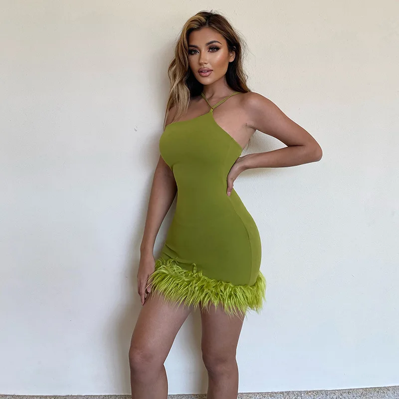 

Fuzzy Trim Faux Fur Hem Mini Bodycon Dress Women Halter Asymmetrical Neck Summer Sundress Sexy Night Club Party Dresses 2023 New