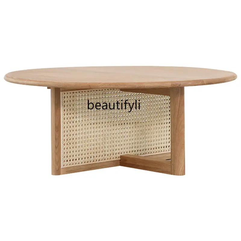 

zq Nordic Coffee Table Living Room Side Table Combination Solid Wood Rattan Small Apartment round Tea Table