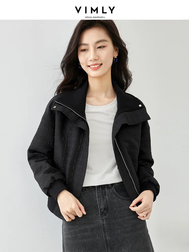 Vimly Zipper Black Cargo Jacket for Women 2023 Autumn Winter Outerwear Fashion Texture Jacquard Short Coat Female Clothing M2881