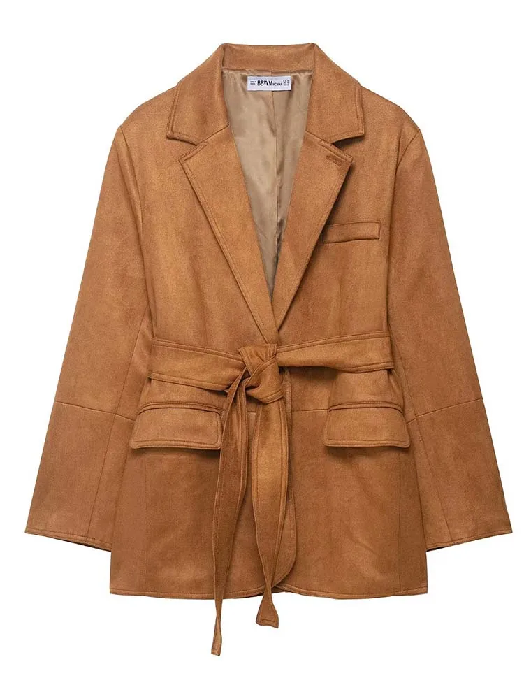 Women's Suede Suit Jacket Long Sleeve Flap Pockets With Belt Blazers Jackets Female Outerwear Chic Tops ﻿