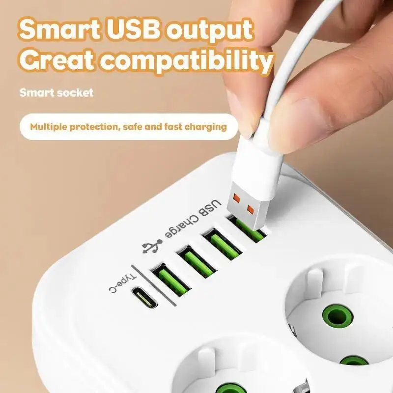 Power Strip EU Plug AC Outlet Multitap Power Strip 2m Extension Cord Electrical Socket Smart USB Home Office Surge Protector Network Filter