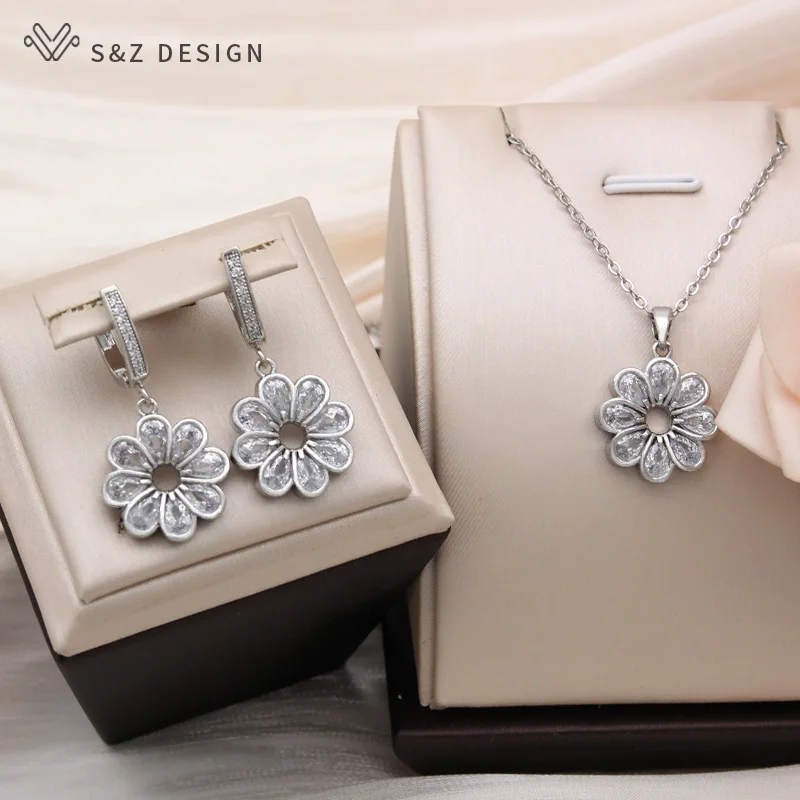 S&Z DESIGN New Fashion Elegant 585 Rose Gold Color Flowers Cubic Zirconia Pendant Necklace For Women Romantic Jewelry Gift