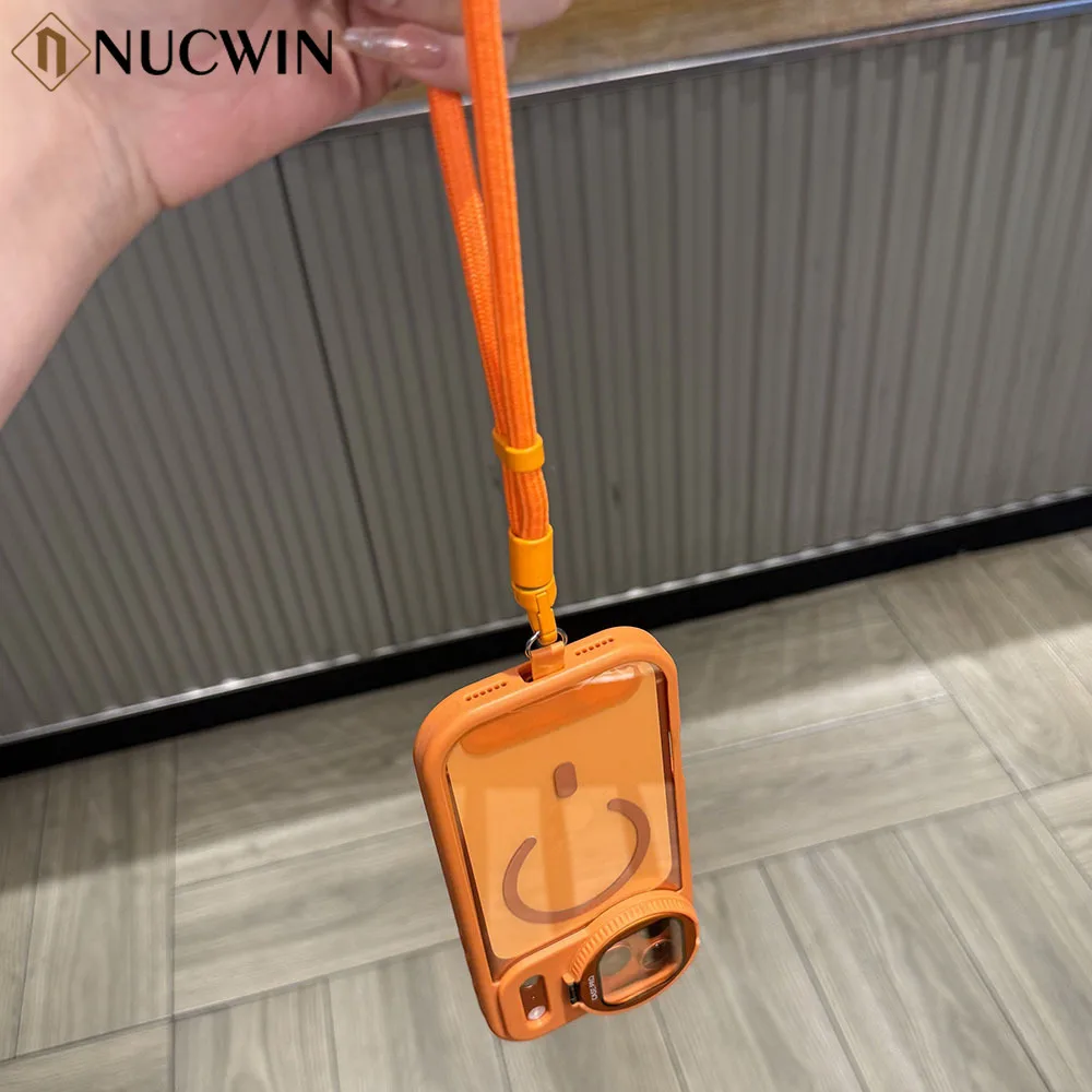 Luxury Magnetic Lens Bracket Lanyard Phone Case with Air Flip Stand and Transparent Cover