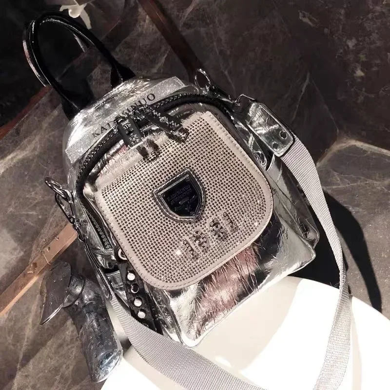 Fashion Vegan Leather Small Size Silver Backpack 90s Fashion Women Casual Korean Stylish Rivet Shiny Rhinestone Travel Daypack 2