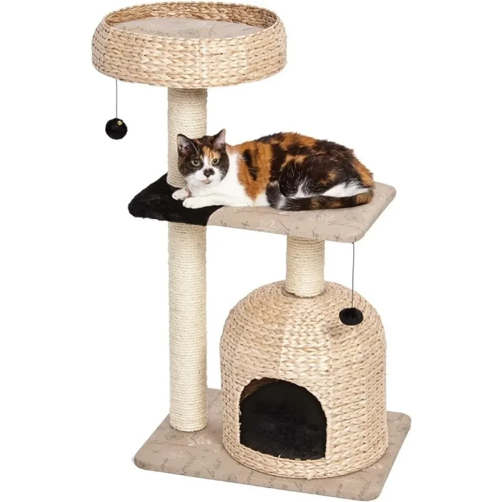 

Woven Rattan & Script Medium Cat Tree | Nest Cat Furniture Beds and Furniture Toys for Cats Products Scratcher With a House Pet