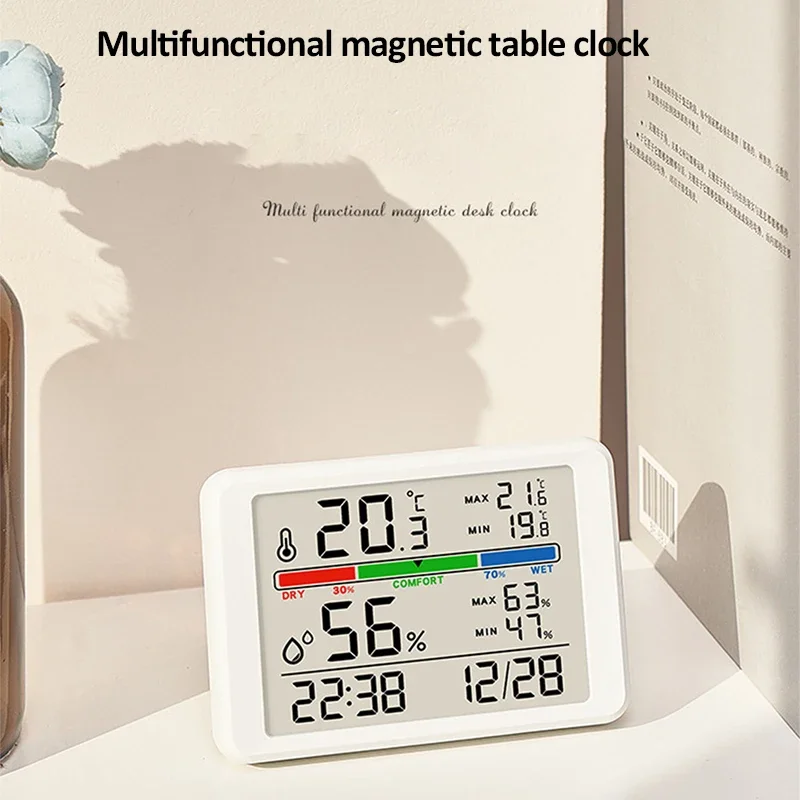 ساعة منبه خفيفة مع مستشعر درجة الحرارة والرطوبة وحامل رطوبة/مغناطيس/ساعة مطبخ معلقة وإضاءة خلفية لسطح المكتب