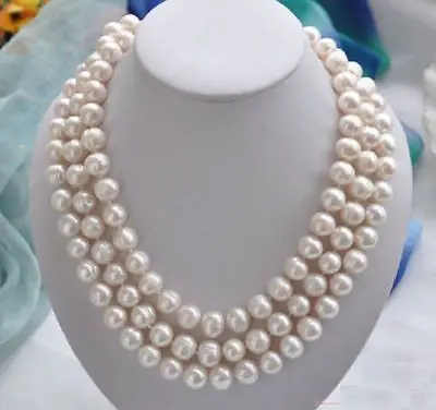 3 ROW 9-10mm SOUTH SEA WHITE PEARL NECKLACE 17~19 INCH14kgp Yellow Clasp 43,45,48cm