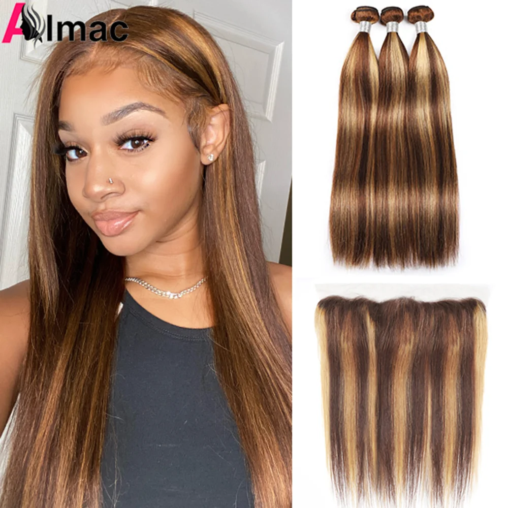 

Highlight P4/27 Straight Human Hair Bundles With 13x4 HD Lace Frontal Piano Color Raw Indian Remy Hair Extention 220g/Set