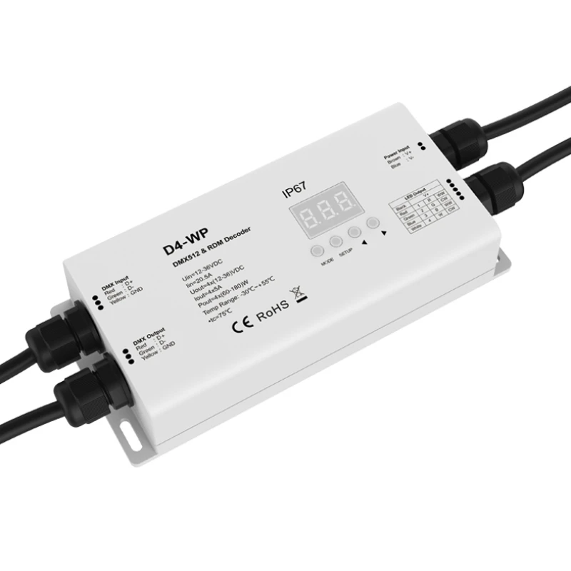 

DMX512 контроллер RGBW, 4-канальный водонепроницаемый IP67 DC 12V 24V 20A цифровой дисплей DMX 512 RDM декодер для светодиодной ленты