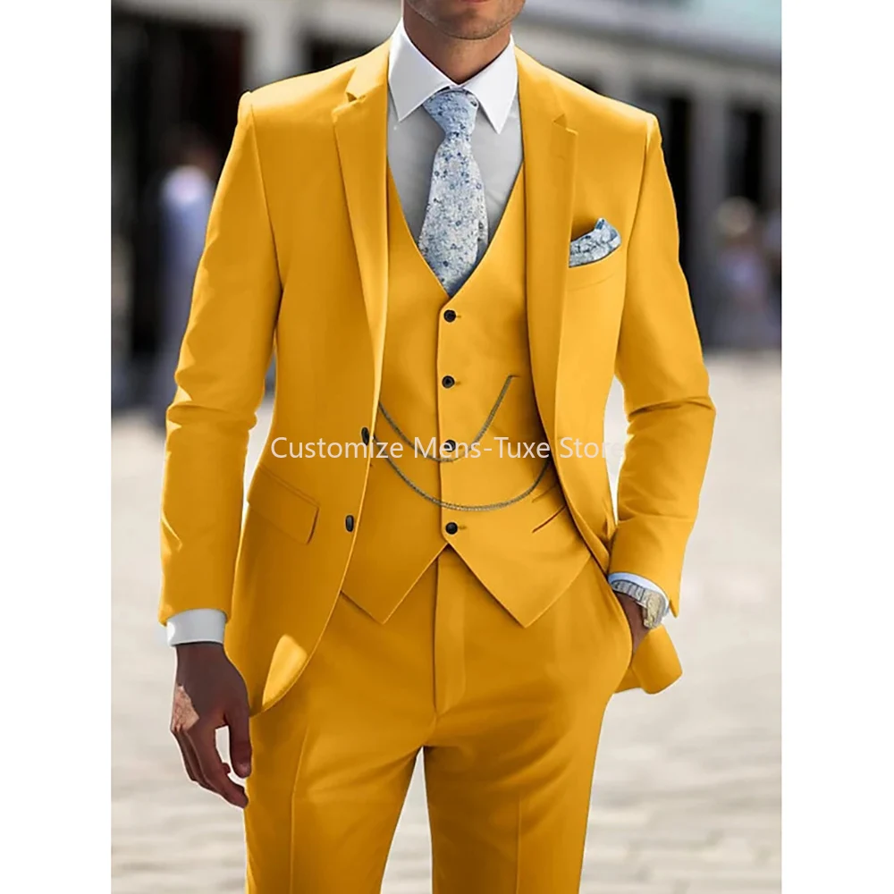 Solid Color Suits for Men Single Breasted Regular Length Notch 3 Piece Jacket Pants Vest Sets  Wedding Terno
