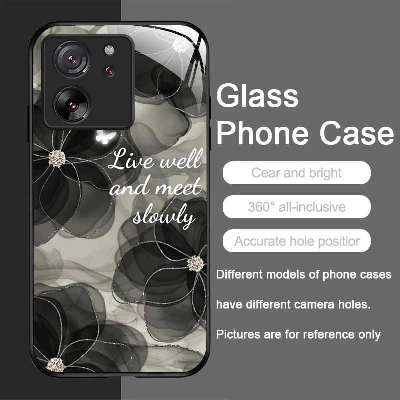 Luxury Black Rose Flower Tempered Glass Phone Case - Elegant Hard Cover