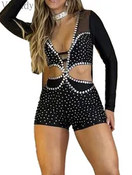 Women Sexy Solid Color Sheer Mesh Rhinestone Decor Deep V Neck Hollow Out Long Sleeve Skinny Playsuits
