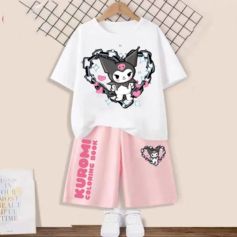 

2024 Sanrio Kawaii Anime Kuromi Summer Dress Girls Sweet Cute Cartoon Print Short-Sleeved Thin Shorts Large Children Clothe Gift